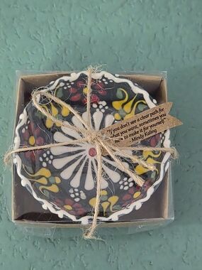 Handmade floral ceramic trinket dish small dark green folk art bowl